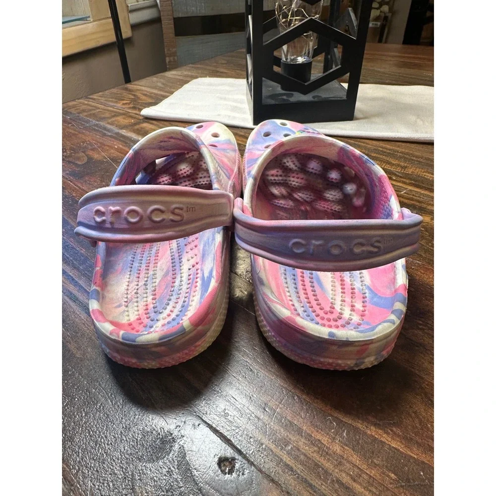 Crocs Classic Clog Kids J3 Pink Purple Blue Marble Swirl Clogs w/Jibbitz Junior